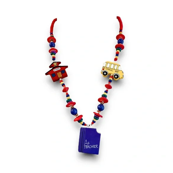 Vintage 90s Y2K Handmade Teacher Jewelry Set Schoolhouse Bus Necklace Earrings - Picture 2 of 13